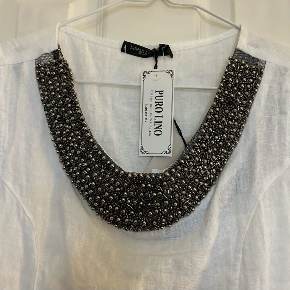 Lungo L'Arno NWT White Beaded 100% Linen Tank Blouse Made In Italy Size Small - Picture 7 of 13